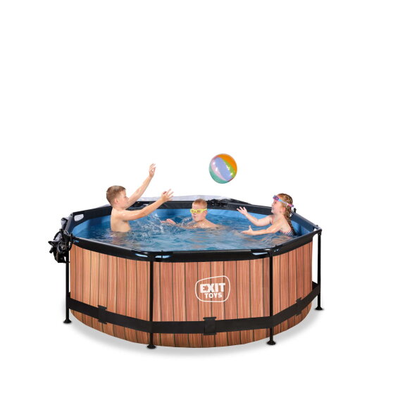 EXIT Wood Pool &oslash;244x76cm mit Filterpumpe und Abdeckung - braun