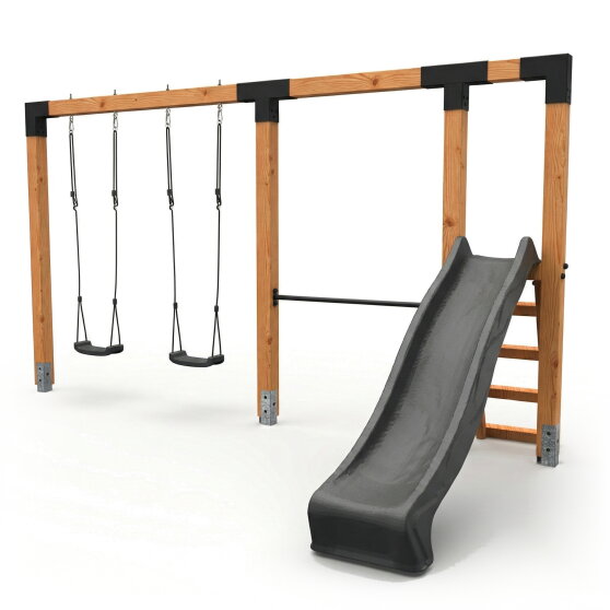 EXIT Linea Robust 110 doppelte Holzschaukel mit Reckstange und Rutsche
