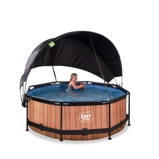 EXIT Wood Pool ø244x76cm mit Filterpump und Sonnensegel - braun