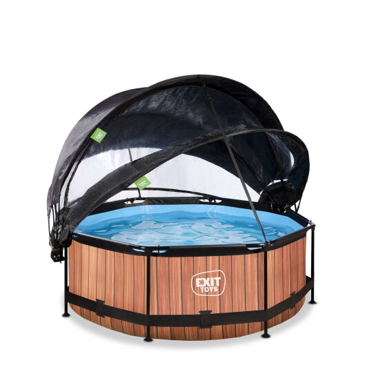 EXIT Wood Pool &oslash;244x76cm mit Filterpumpe und Abdeckung und Sonnensegel - braun