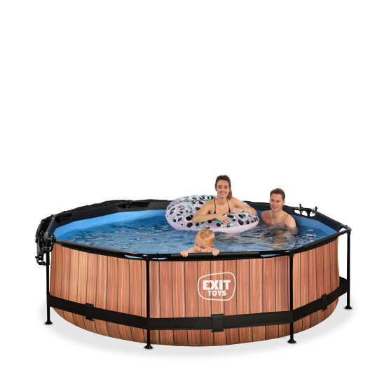 EXIT Wood Pool &oslash;300x76cm mit Filterpump und Sonnensegel - braun