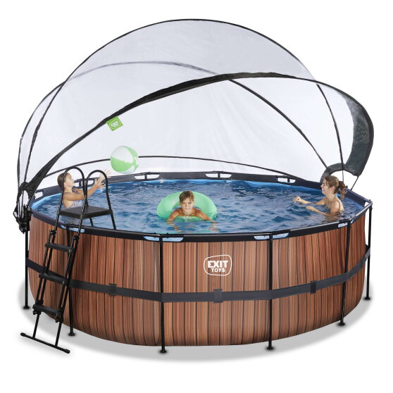 EXIT Wood Pool &oslash;427x122cm mit Sandfilterpumpe und Abdeckung und W&auml;rmepumpe - braun