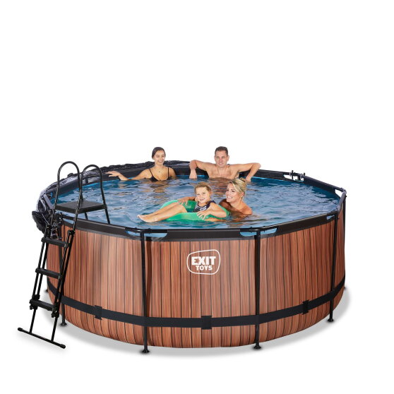 EXIT Wood Pool &oslash;360x122cm mit Sandfilterpumpe und Abdeckung und W&auml;rmepumpe - braun