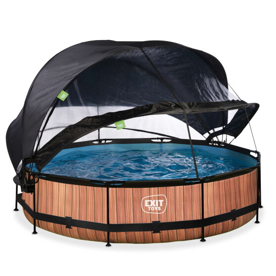 EXIT Wood Pool &oslash;360x76cm mit Filterpumpe und Abdeckung und Sonnensegel - braun
