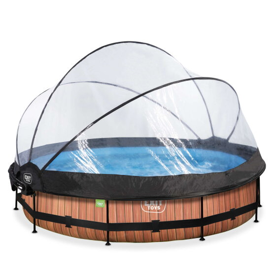 EXIT Wood Pool &oslash;360x76cm mit Filterpumpe und Abdeckung und Sonnensegel - braun