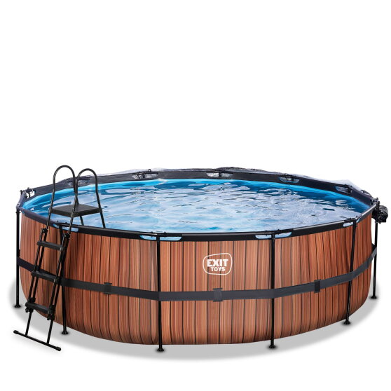 EXIT Wood Pool &oslash;450x122cm mit Sandfilterpumpe und Abdeckung und W&auml;rmepumpe - braun