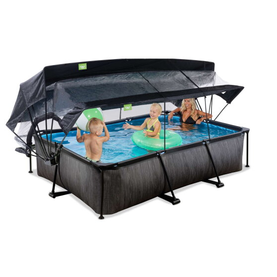 EXIT Black Wood Pool 300x200x65cm mit Filterpumpe und Abdeckung und Sonnensegel - schwarz