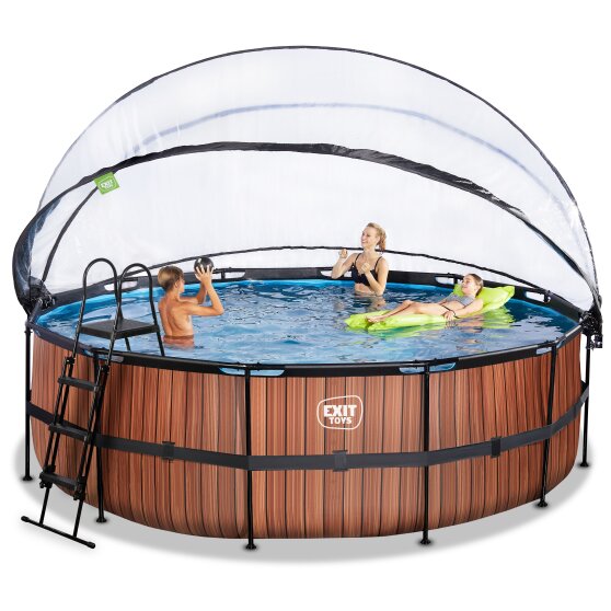 EXIT Wood Pool ø450x122cm mit Sandfilterpumpe und Abdeckung und Wärmepumpe - braun