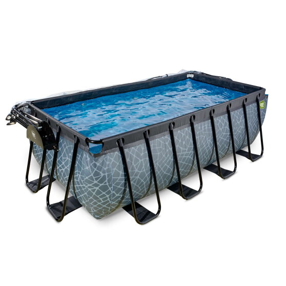 EXIT Stone Pool 400x200x122cm mit Sandfilterpumpe und Abdeckung und W&auml;rmepumpe - grau