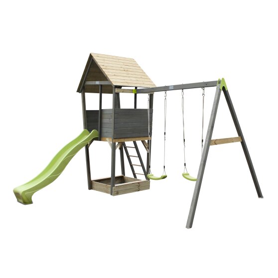 EXIT Aksent Holzspielturm mit 2-sitziger Schaukel- grau