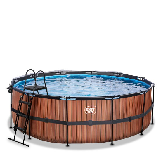 EXIT Wood Pool &oslash;427x122cm mit Sandfilterpumpe und Abdeckung und W&auml;rmepumpe - braun