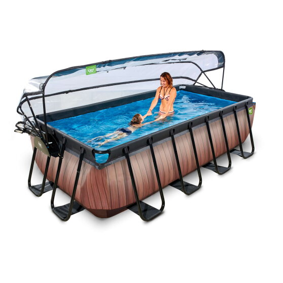 EXIT Wood Pool 400x200x100cm mit Sandfilterpumpe und Abdeckung und W&auml;rmepumpe - braun
