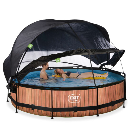 EXIT Wood Pool &oslash;360x76cm mit Filterpumpe und Abdeckung und Sonnensegel - braun