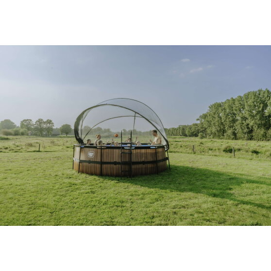 EXIT Wood Pool &oslash;427x122cm mit Sandfilterpumpe und Abdeckung und W&auml;rmepumpe - braun