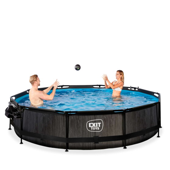 EXIT Black Wood Pool ø360x76cm mit Filterpumpe und Abdeckung und Sonnensegel - schwarz
