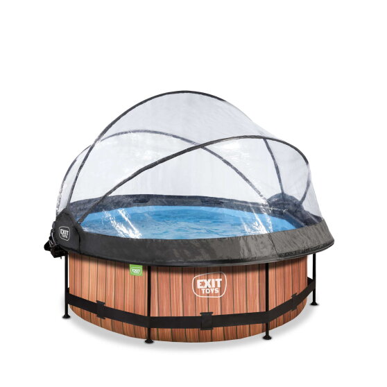 EXIT Wood Pool &oslash;244x76cm mit Filterpumpe und Abdeckung und Sonnensegel - braun