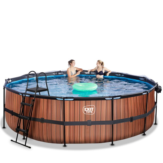 EXIT Wood Pool ø488x122cm mit Sandfilterpumpe und Abdeckung und Wärmepumpe - braun