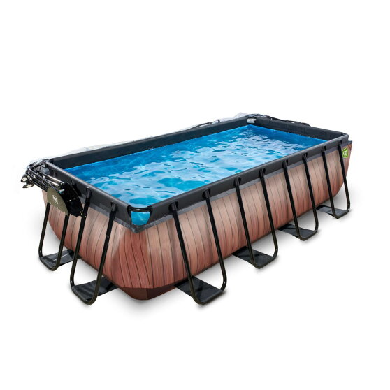 EXIT Wood Pool 400x200x100cm mit Sandfilterpumpe und Abdeckung und W&auml;rmepumpe - braun