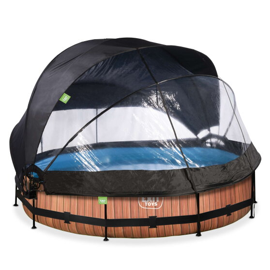 EXIT Wood Pool &oslash;360x76cm mit Filterpumpe und Abdeckung und Sonnensegel - braun