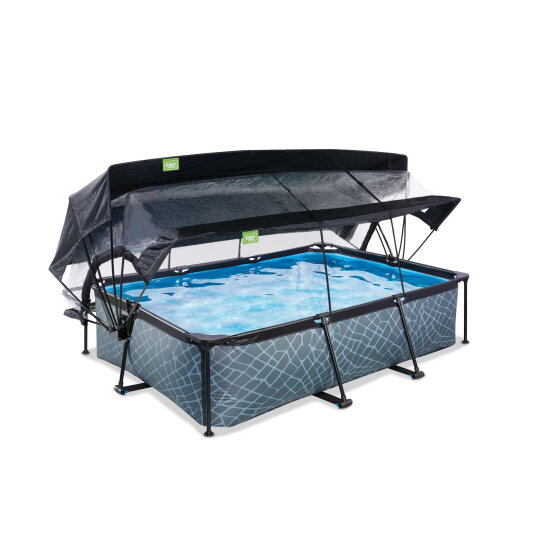 EXIT Stone Pool 220x150x65cm mit Filterpumpe und Abdeckung und Sonnensegel - grau