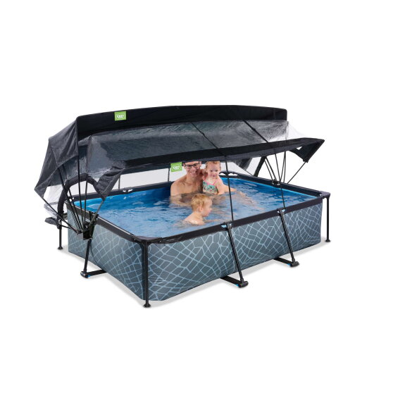 EXIT Stone Pool 220x150x65cm mit Filterpumpe und Abdeckung und Sonnensegel - grau