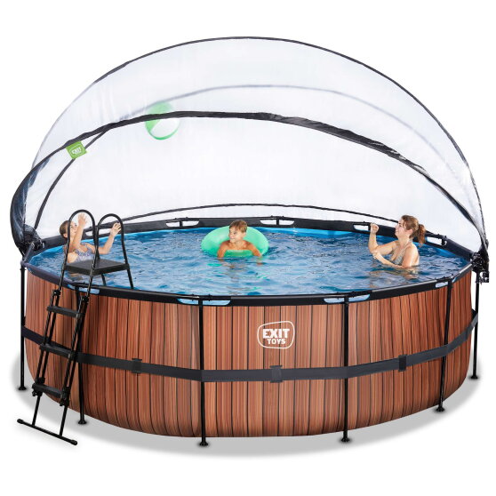 EXIT Wood Pool &oslash;450x122cm mit Sandfilterpumpe und Abdeckung und W&auml;rmepumpe - braun