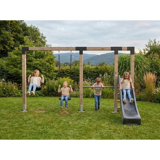 EXIT Linea Robust 110 doppelte Holzschaukel mit Reckstange und Rutsche