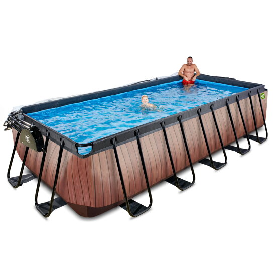 EXIT Wood Pool 540x250x122cm mit Sandfilterpumpe und Abdeckung und Wärmepumpe - braun