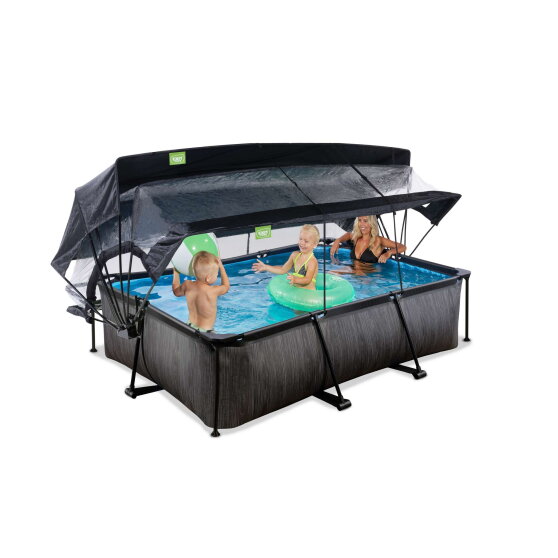 EXIT Black Wood Pool 220x150x65cm mit Filterpumpe und Abdeckung und Sonnensegel - schwarz