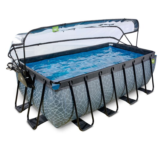 EXIT Stone Pool 400x200x122cm mit Sandfilterpumpe und Abdeckung und W&auml;rmepumpe - grau