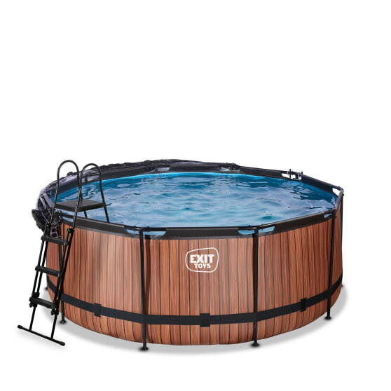 EXIT Wood Pool &oslash;360x122cm mit Sandfilterpumpe und Abdeckung und W&auml;rmepumpe - braun
