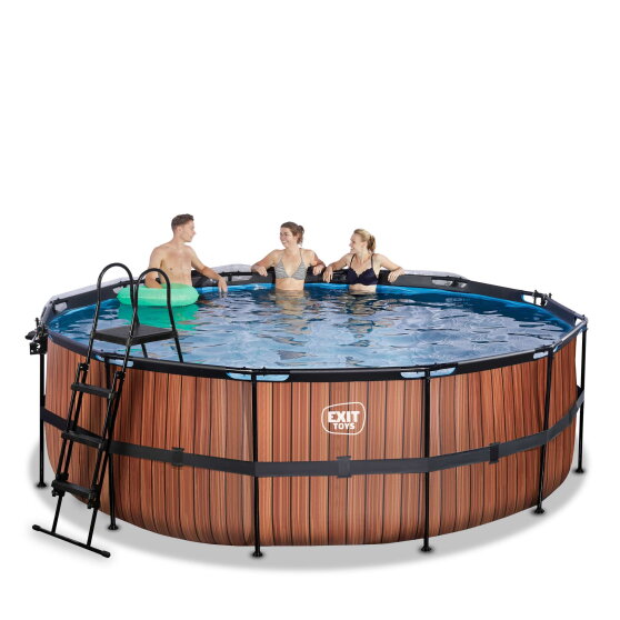 EXIT Wood Pool &oslash;427x122cm mit Sandfilterpumpe und Abdeckung und W&auml;rmepumpe - braun