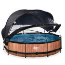 EXIT Wood Pool &oslash;360x76cm mit Filterpumpe und Abdeckung und Sonnensegel - braun