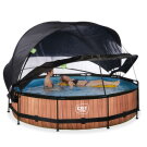 EXIT Wood Pool &oslash;360x76cm mit Filterpumpe und Abdeckung und Sonnensegel - braun