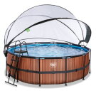 EXIT Wood Pool ø427x122cm mit Sandfilterpumpe und Abdeckung und Wärmepumpe - braun