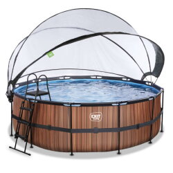 EXIT Wood Pool &oslash;427x122cm mit Sandfilterpumpe und Abdeckung und W&auml;rmepumpe - braun